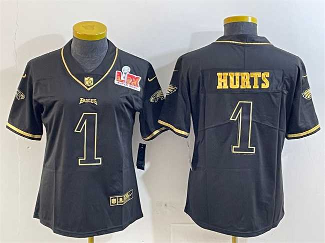 Women%27s Philadelphia Eagles #1 Jalen Hurts Black Gold 2025 Super Bowl LIX Patch Salute To Service Vapor Untouchable Limited Stitched Jersey(Run Small)->philadelphia eagles->NFL Jersey